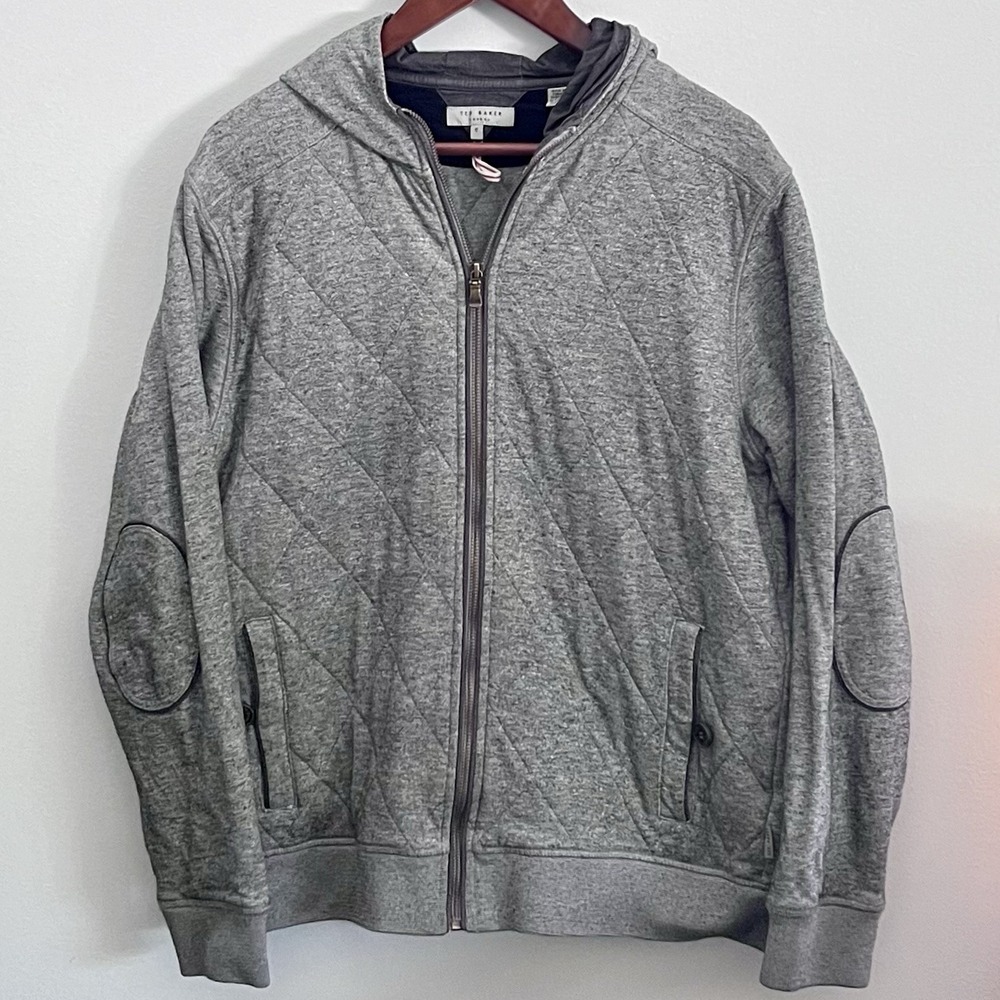Ted Baker‎ London Quilted Hoodie Full Zip Gray Elbow Patch Sz UK 5/US XL Quilhud